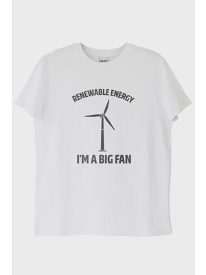 Nuugg I'M A Big Fan Baskılı Yenilenebilir Enerji Temalı Beyaz Tişört (Xs)
