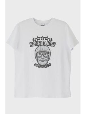 Nuugg Born To Ride Live To Road Baskılı Motosiklet Temalı Beyaz Tişört (Xs)