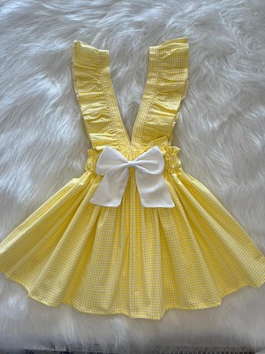 Kız Çocuk Sarı Pötikareli Beyaz Fiyonklu Fırfır Askılı Salopet Elbise (%100 Pamuk Kumaş)