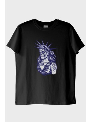 Nuugg Özgürlük Heykeli Stilinde Illüstrasyonlu Baskılı Siyah Tişört (M)