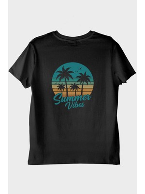 NUUGG Summer Vibes Baskılı Tropik Plaj Tasarımlı Siyah Tişört
