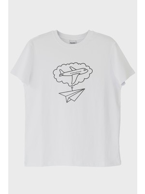 Nuugg Kağıttan Uçak ve Yolcu Uçağı Tasarımlı Baskılı Beyaz Tişört (Xl)