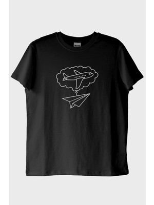 Nuugg Kağıttan Uçak ve Yolcu Uçağı Tasarımlı Baskılı Siyah Tişört (Xs)