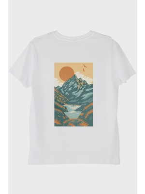 NUUGG Doğa Manzaralı Turuncu Güneşli Baskılı Beyaz Tişört