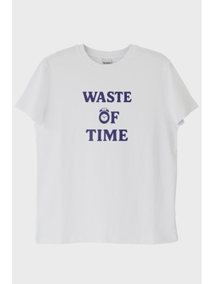 Nuugg Waste Of Time Baskılı Minimalist Beyaz Tişört (M)