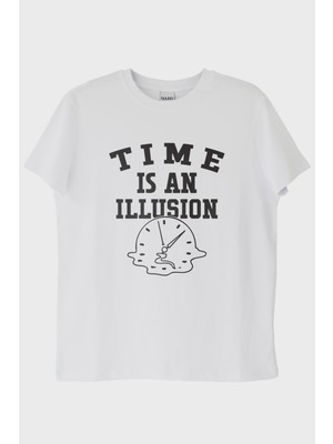 Nuugg Time Is An Illusion Baskılı Minimalist Beyaz Tişört (Xxl)