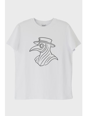NUUGG Veba Doktoru Maskesi Baskılı Minimal Beyaz Tişört