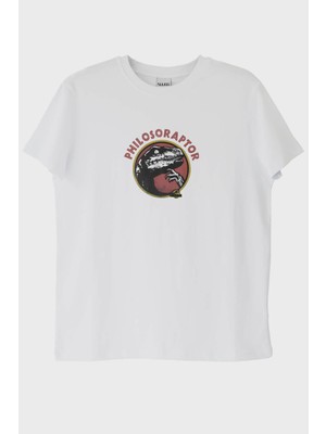 Nuugg Philosoraptor Baskılı Retro Dinozor Tasarımlı Beyaz Tişört (M)