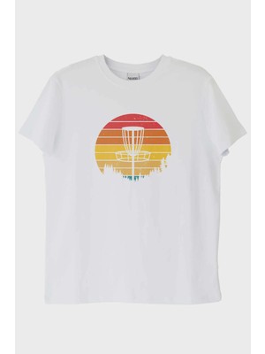 Nuugg Retro Güneş Batışı Tasarımlı Disk Golf Sepetli Beyaz Tişört (Xxl)