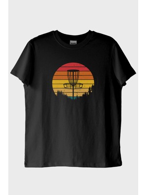 Nuugg Retro Güneş Batışı Tasarımlı Disk Golf Sepetli Siyah Tişört (M)