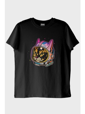 Nuugg Astrocat Renkli Astronot Kedi Baskılı Siyah Tişört (Xxl)