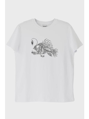 NUUGG Derin Deniz Balığı İskelet Tasarımlı Baskılı Beyaz Tişört