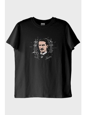 NUUGG Nikola Tesla İllüstrasyon Baskılı Tasarım Siyah Tişört