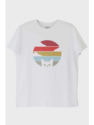 Nuugg Retro Kedi Baskılı Modern Beyaz Tişört (Xs)
