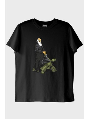 NUUGG Kaplumbağa Darvin Baskılı Bilimsel Siyah T-Shirt