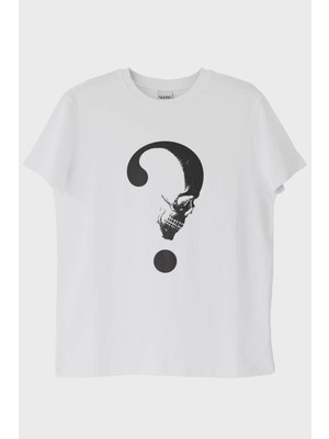 NUUGG Gothic Soru İşareti Kafatası Baskılı Beyaz Tişört
