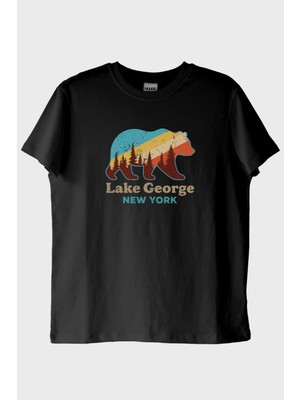 Nuugg Lake George New York Ayı Siluetli Baskılı Siyah Tişört (M)