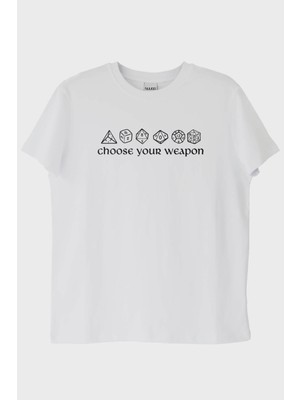 NUUGG Choose Your Weapon Zar Tasarımlı Oyun Baskılı Beyaz Tişört