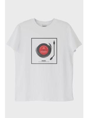 NUUGG Music Is The Important Part Baskılı Plak Tasarımlı Beyaz Tişört