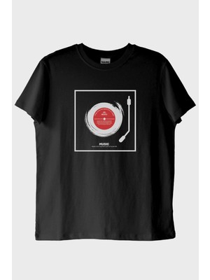 NUUGG Music Is The Important Part Baskılı Plak Tasarımlı Siyah Tişört