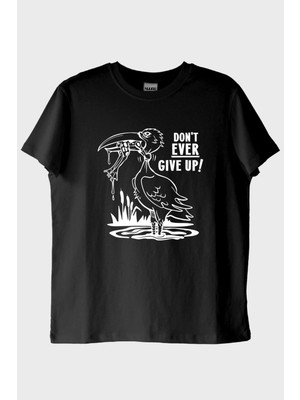 NUUGG Don't Ever Give Up Baskılı Motivasyon Siyah Tişört