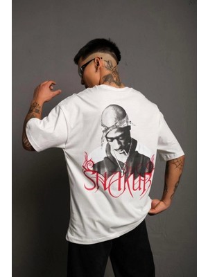 Erkek Sırt Baskılı Oversize T-Shirt - Beyaz