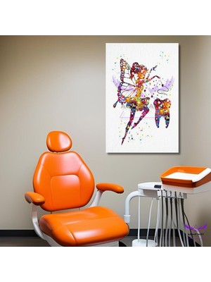 Tekli Dikey Kanvas Diş Poliklinik Tablosu Çok Renkli Diş Perisi ve Minik Diş