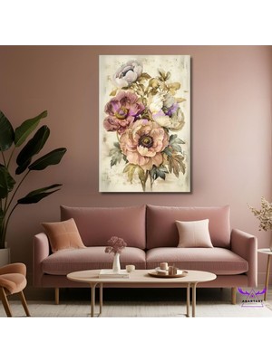 Tekli Dikey Kanvas Şık Salon Tablosu Soft Renkli Büyük Çiçekler