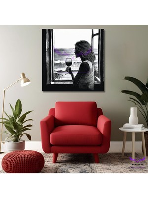 Tekli Kare Kanvas Modern Duvar Tablosu Elinde Şarap Kadehi Olan Kadın