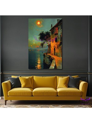 Tekli Dikey Kanvas Yağlı Boya Görünümlü Günbatımında Tarihi Ev Tablosu