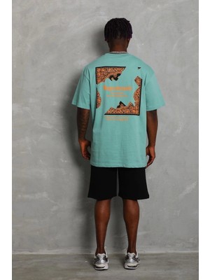Unisex Oversize Baskılı Bisiklet Yaka T-Shirt - Mint Yeşili