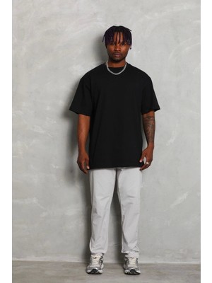 Unisex Oversize Düz Bisiklet Yaka T-Shirt - Siyah