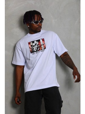 Unisex Oversize Baskılı Bisiklet Yaka T-Shirt - Beyaz