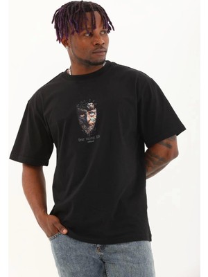 Unisex Oversize Baskılı Bisiklet Yaka T-Shirt - Siyah
