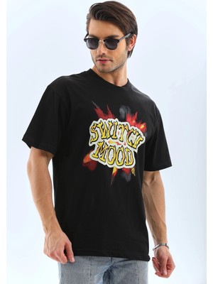 Unisex Oversize Baskılı Bisiklet Yaka T-Shirt - Siyah