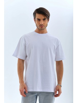Unisex Oversize Düz Bisiklet Yaka T-Shirt - Beyaz
