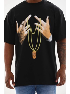 Unisex Baskılı Oversize T-Shirt - Siyah