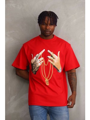 Unisex Baskılı Oversize T-Shirt - Kırmızı