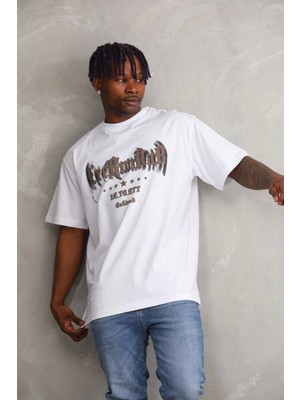 Unisex Baskılı Oversize T-Shirt - Beyaz