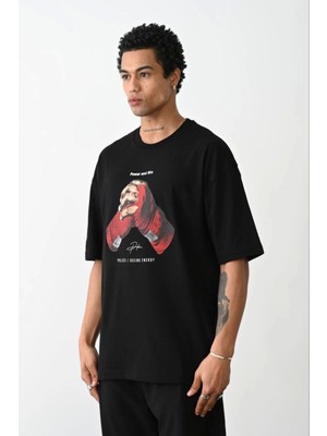Unisex Baskılı Oversize T-Shirt - Siyah