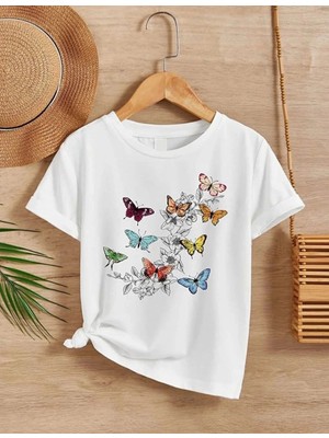 Kız Çocuk Bisiklet Yaka Baskılı T-Shirt - Beyaz