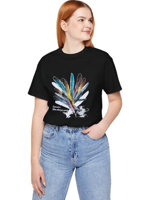 Unisex Kadın Bisiklet Yaka Baskılı T-Shirt - Siyah