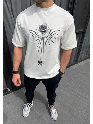Unisex Bisiklet Yaka Baskılı Oversize T-Shirt - Beyaz