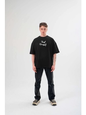 Unisex Bisiklet Yaka Baskılı Oversize T-Shirt - Siyah