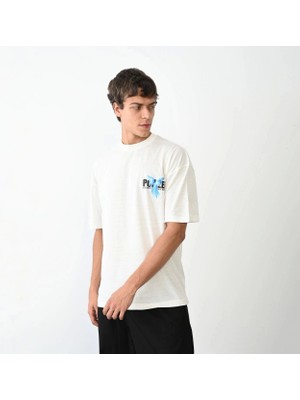 Unisex Bisiklet Yaka Baskılı Oversize T-Shirt - Beyaz