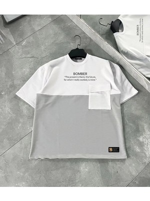 Unisex Torba Cep Detaylı  Parçalı T-Shirt - Gri