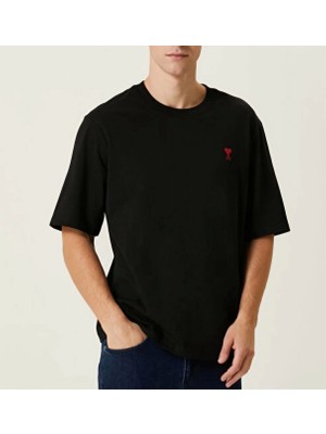 Unisex Bisiklet Yaka Baskılı Oversize T-Shirt - Siyah