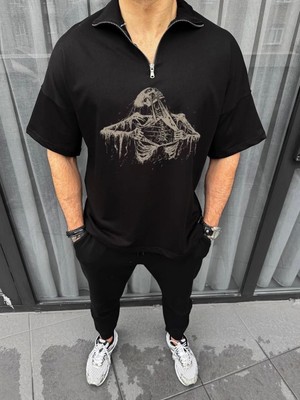 Unisex Yarım Fermuarlı Baskılı Oversize T-Shirt - Siyah