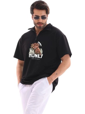 Unisex Yarım Fermuarlı Oversize Baskılı T-Shirt - Siyah