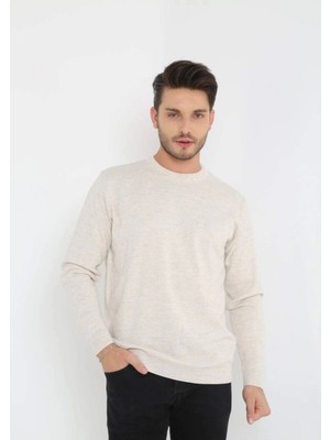 Unisex Uzun Kol Biskilet Yaka Dokuma Triko - Bej